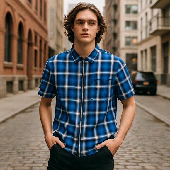 The Kooples Plaid Zip Shirt Small Blue Checkered Short Sleeve Grunge Streetwear - Picture 1 of 13